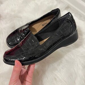 Clarks Glossy Black Croc-Embossed Loafers